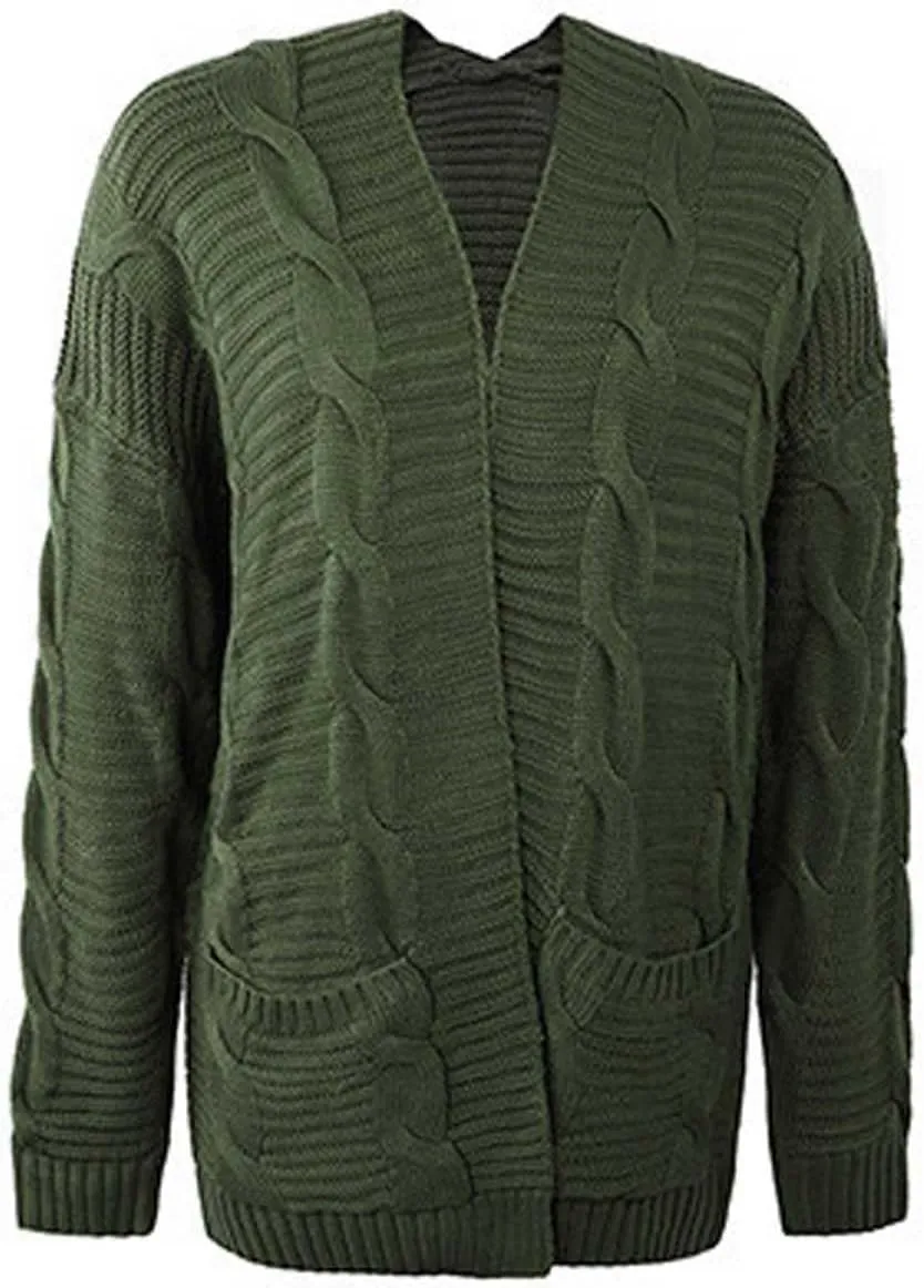 Womens Open Front Cardigan Sweater Fall Cable Knit Chunky Outerwear with Pockets Casual Long Sleeve Lightweight Coat