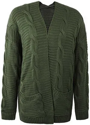 Womens Open Front Cardigan Sweater Fall Cable Knit Chunky Outerwear with Pockets Casual Long Sleeve Lightweight Coat