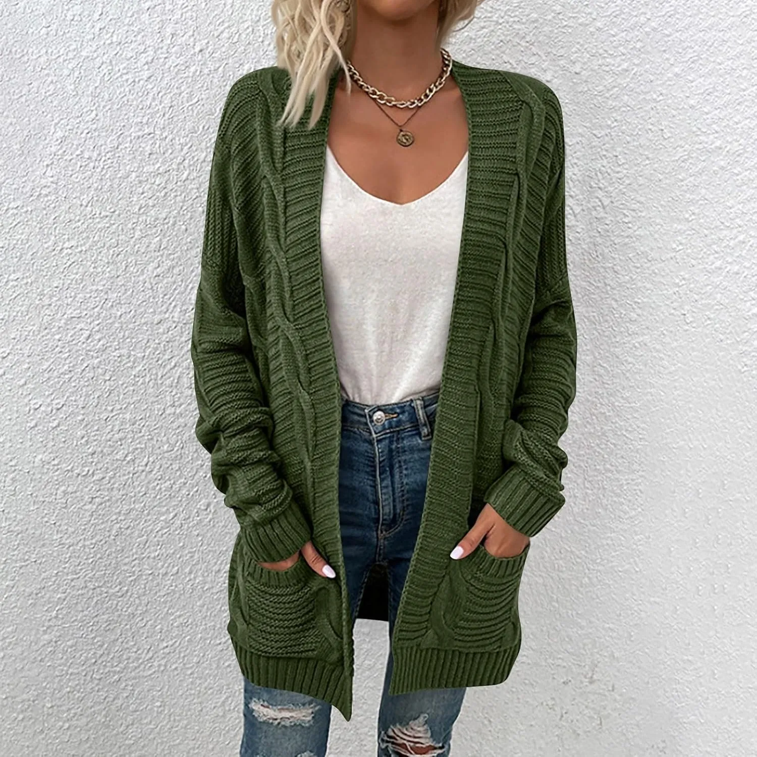 Womens Open Front Cardigan Sweater Fall Cable Knit Chunky Outerwear with Pockets Casual Long Sleeve Lightweight Coat