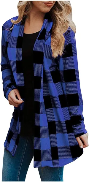 Womens Oversized Plaid Cardigan Jacket Lightweight Trendy Open Front Mid-Length Outerwears Work Business Casual Coats