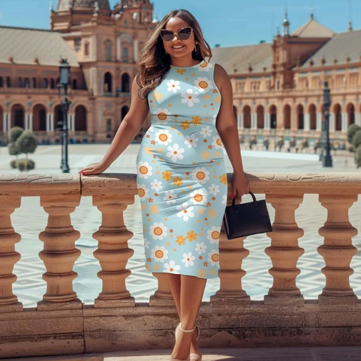 Women's Plus Size Floral Dress Sleeveless Crewneck Sundress Casual Bodycon Wrap Dress Shift Dress