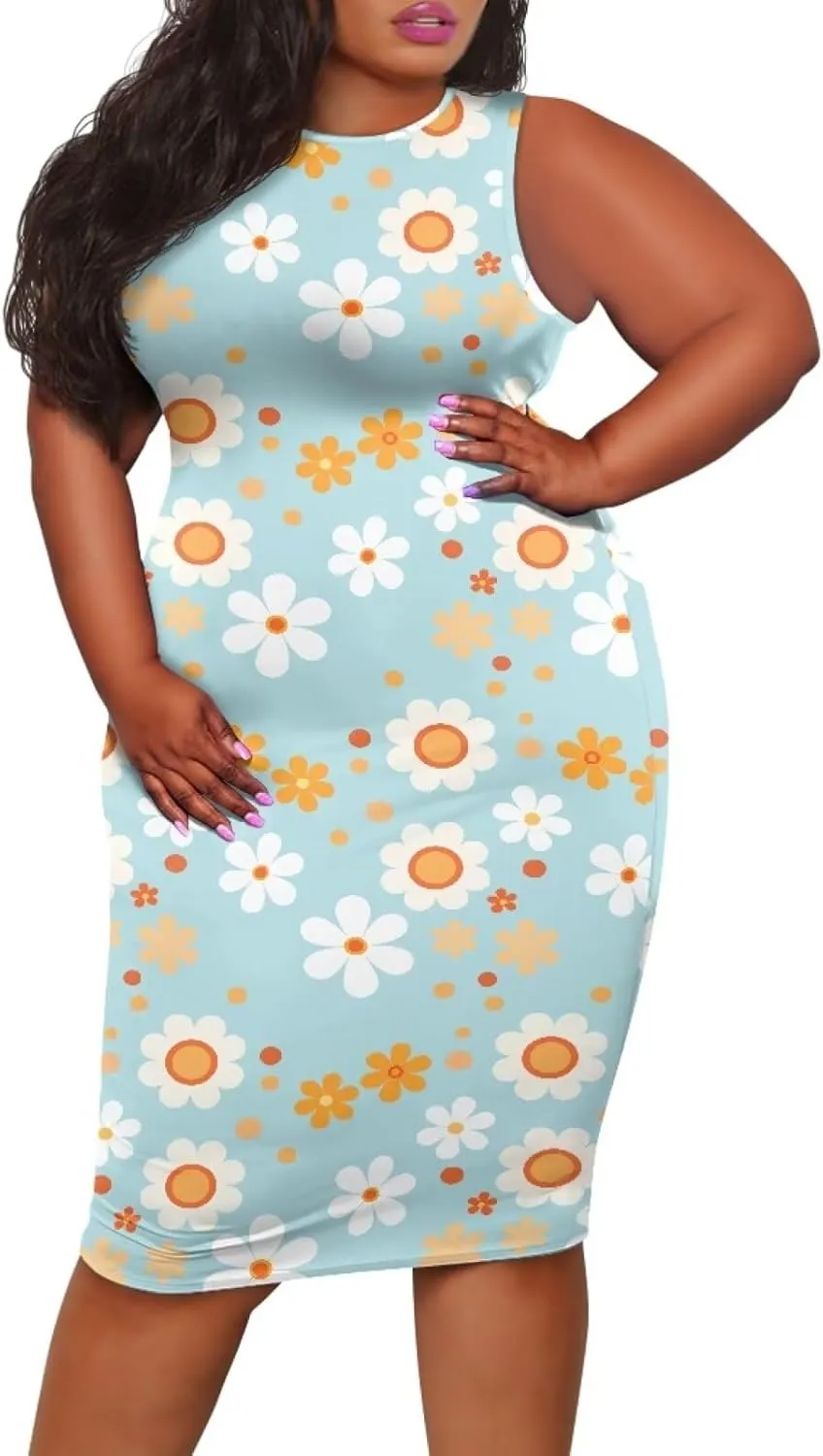 Women's Plus Size Floral Dress Sleeveless Crewneck Sundress Casual Bodycon Wrap Dress Shift Dress