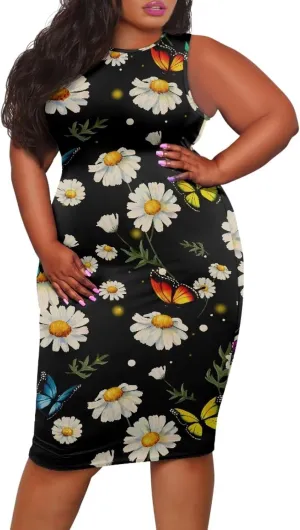 Women's Plus Size Floral Dress Sleeveless Crewneck Sundress Casual Bodycon Wrap Dress Shift Dress