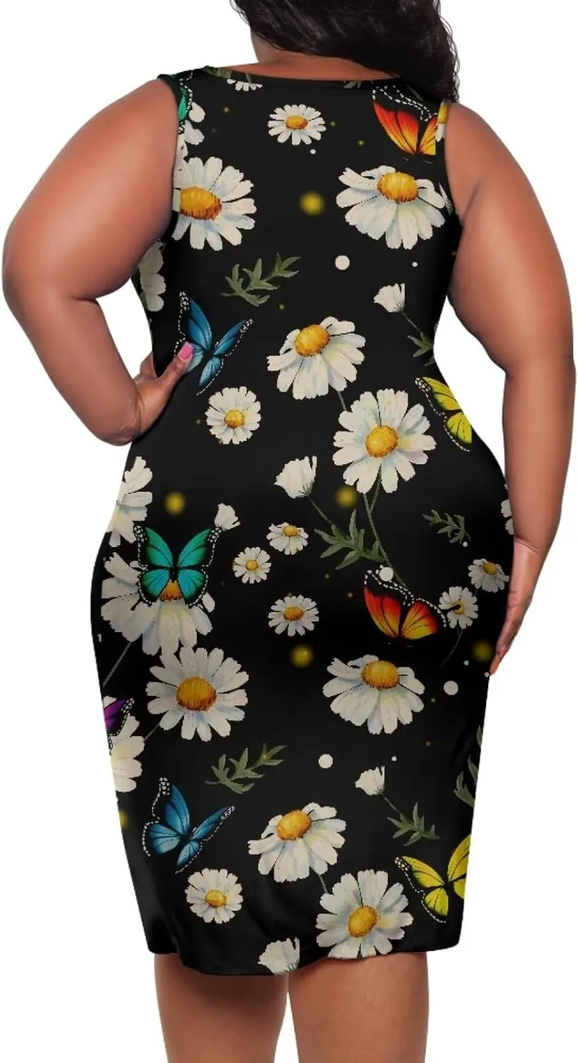 Women's Plus Size Floral Dress Sleeveless Crewneck Sundress Casual Bodycon Wrap Dress Shift Dress