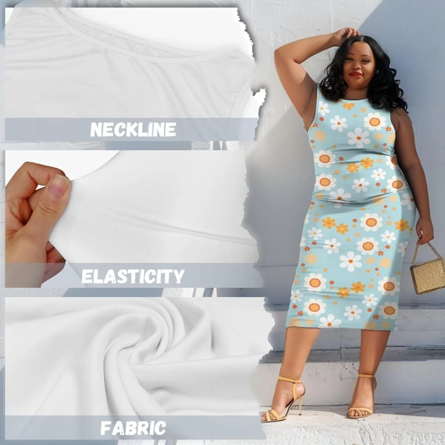 Women's Plus Size Floral Dress Sleeveless Crewneck Sundress Casual Bodycon Wrap Dress Shift Dress