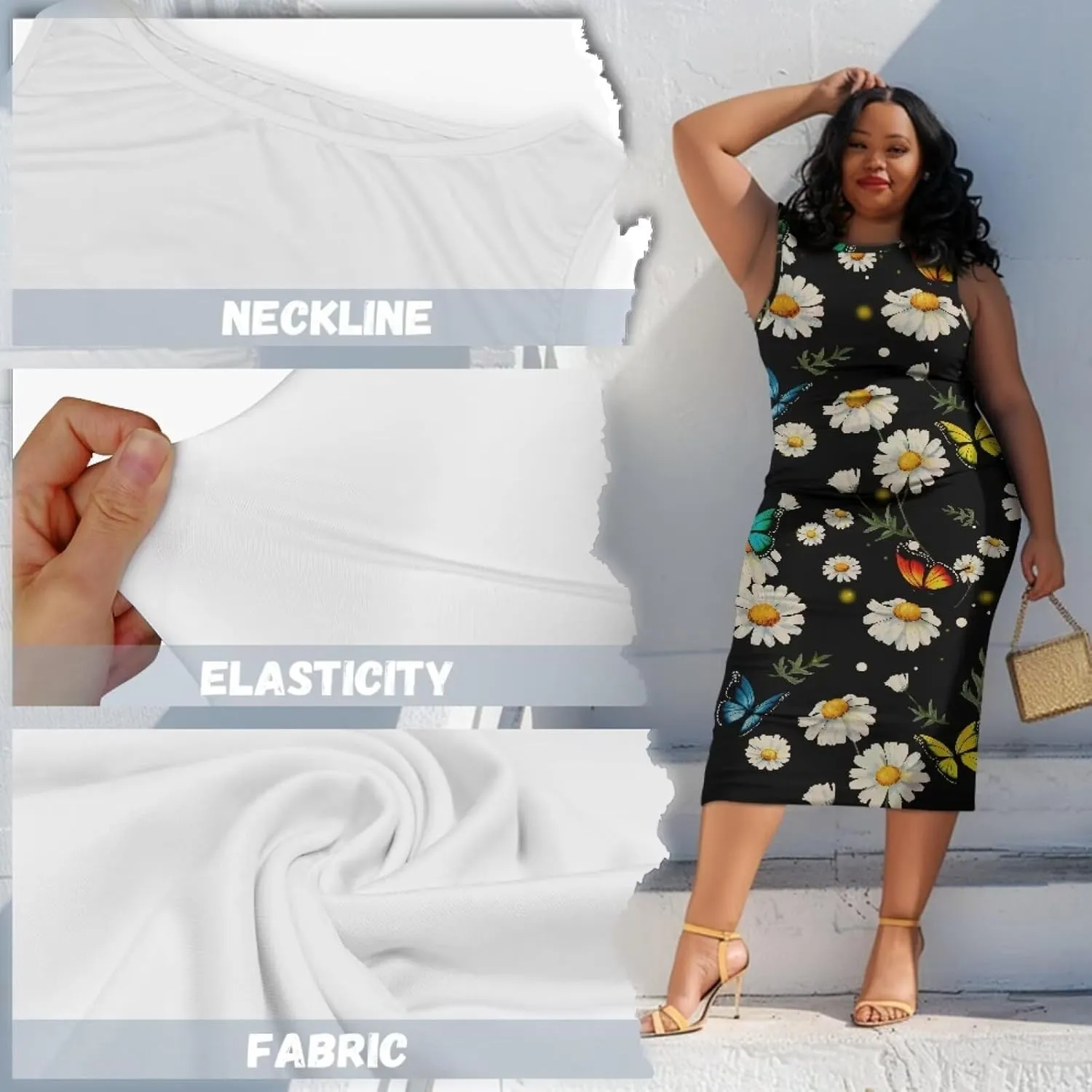 Women's Plus Size Floral Dress Sleeveless Crewneck Sundress Casual Bodycon Wrap Dress Shift Dress