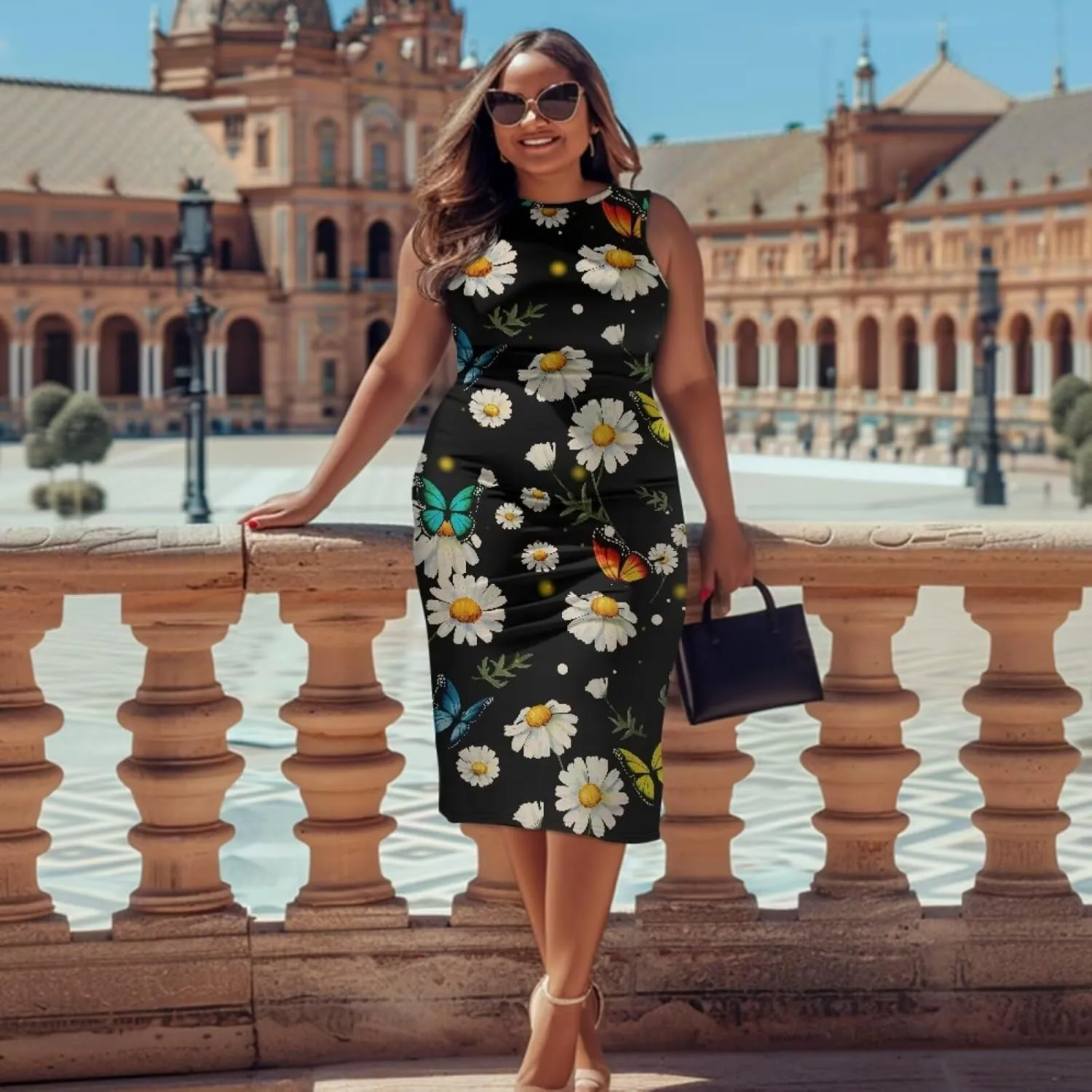 Women's Plus Size Floral Dress Sleeveless Crewneck Sundress Casual Bodycon Wrap Dress Shift Dress