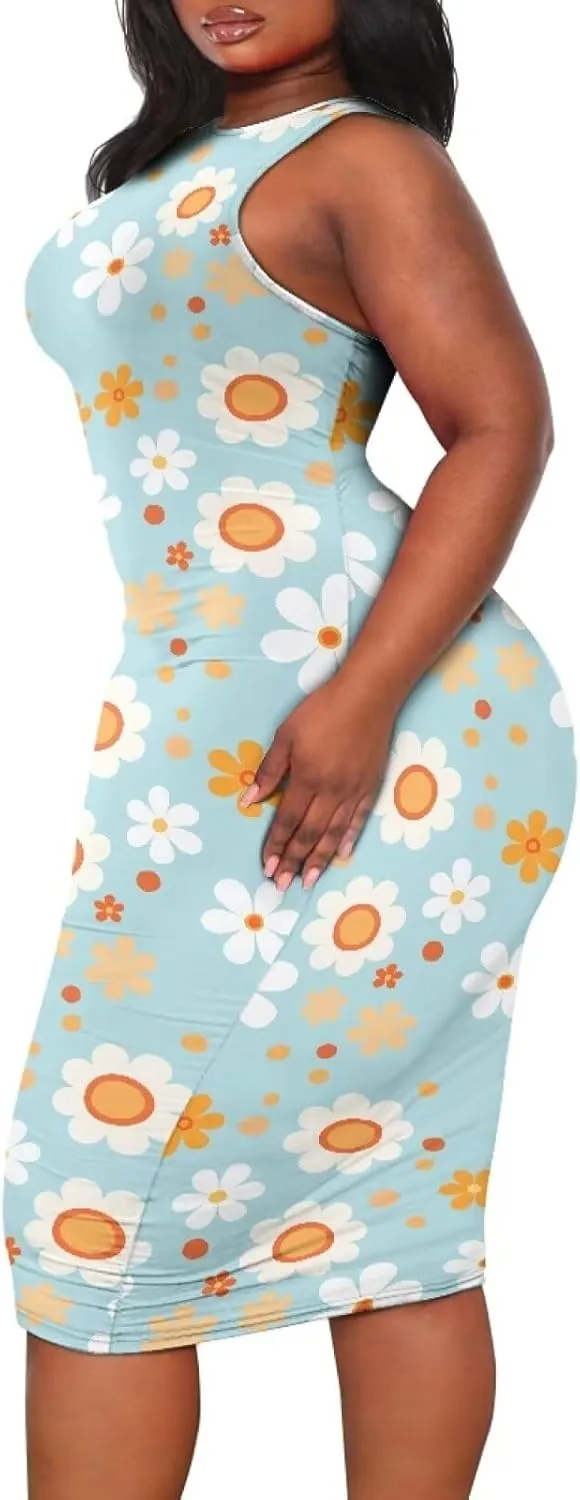 Women's Plus Size Floral Dress Sleeveless Crewneck Sundress Casual Bodycon Wrap Dress Shift Dress