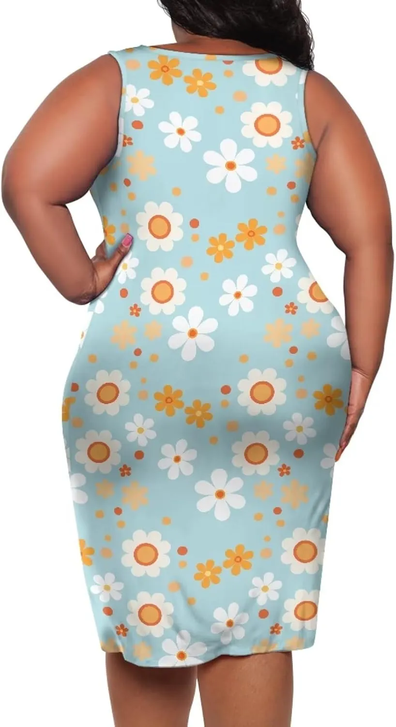 Women's Plus Size Floral Dress Sleeveless Crewneck Sundress Casual Bodycon Wrap Dress Shift Dress