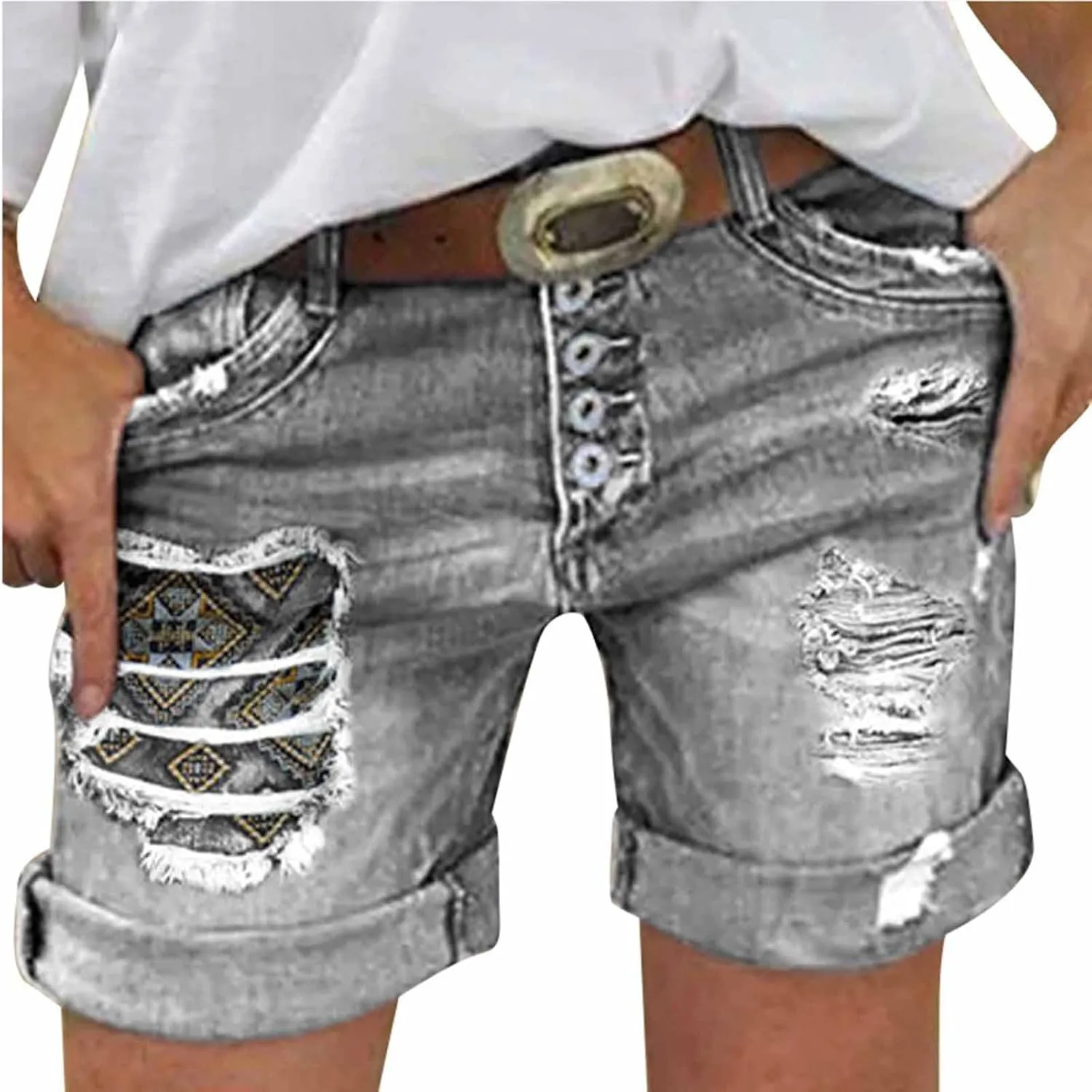 Womens Plus Size Short Jeans Trendy Ripped High Waisted Pockets Button Up Denim Shorts Casual Loose Comfy Streetwear
