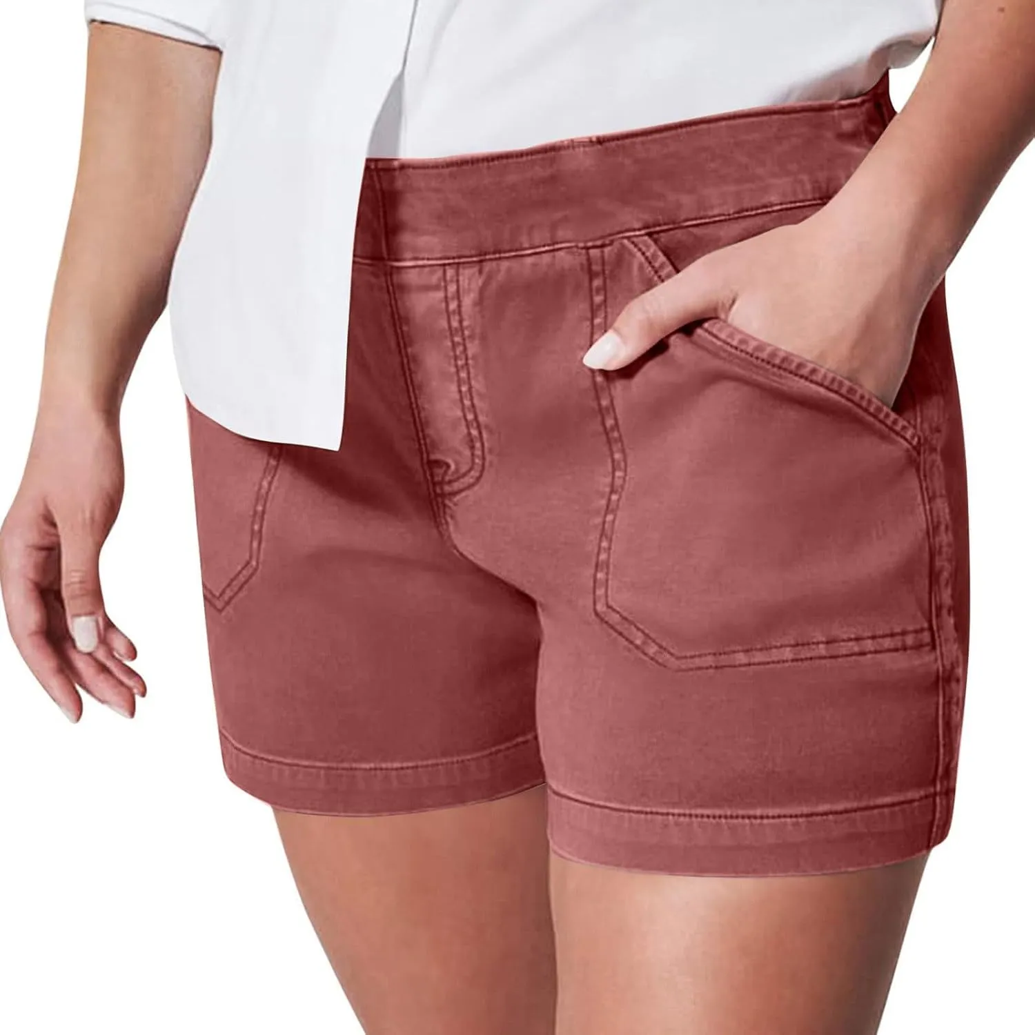 Womens Pull On Shorts Stretchy High Waisted Denim Bermuda Shorts Summer Wide Leg Dressy Casual Stretch Twill Shorts