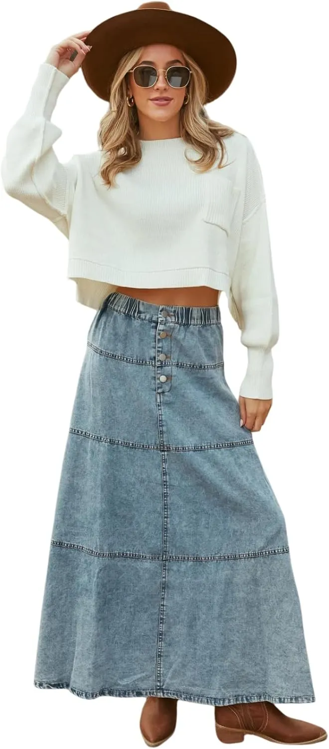 Women's Retro Long Denim Skirt a-Line Layered Splicing Hem Casual Elastic Waist Washed Denim Skirt