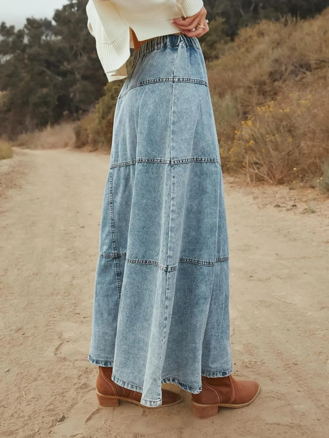 Women's Retro Long Denim Skirt a-Line Layered Splicing Hem Casual Elastic Waist Washed Denim Skirt