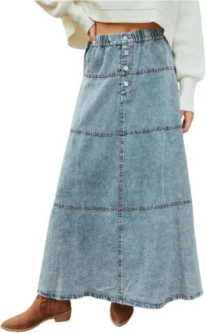 Women's Retro Long Denim Skirt a-Line Layered Splicing Hem Casual Elastic Waist Washed Denim Skirt