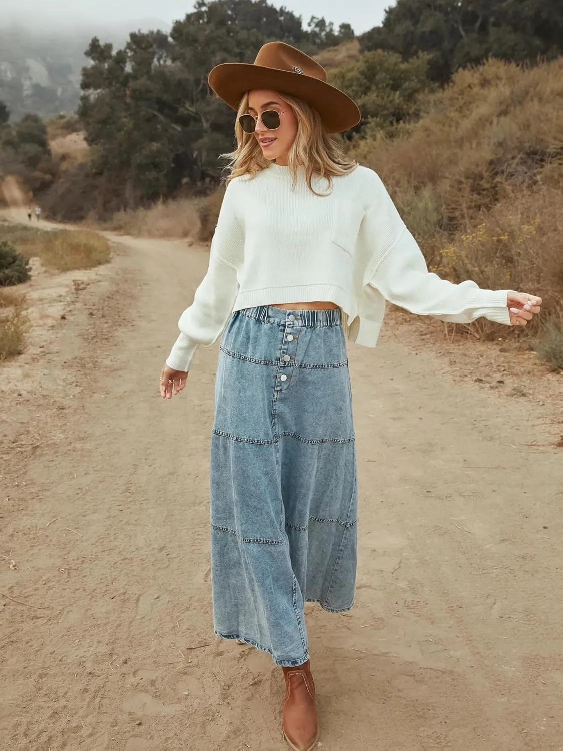 Women's Retro Long Denim Skirt a-Line Layered Splicing Hem Casual Elastic Waist Washed Denim Skirt