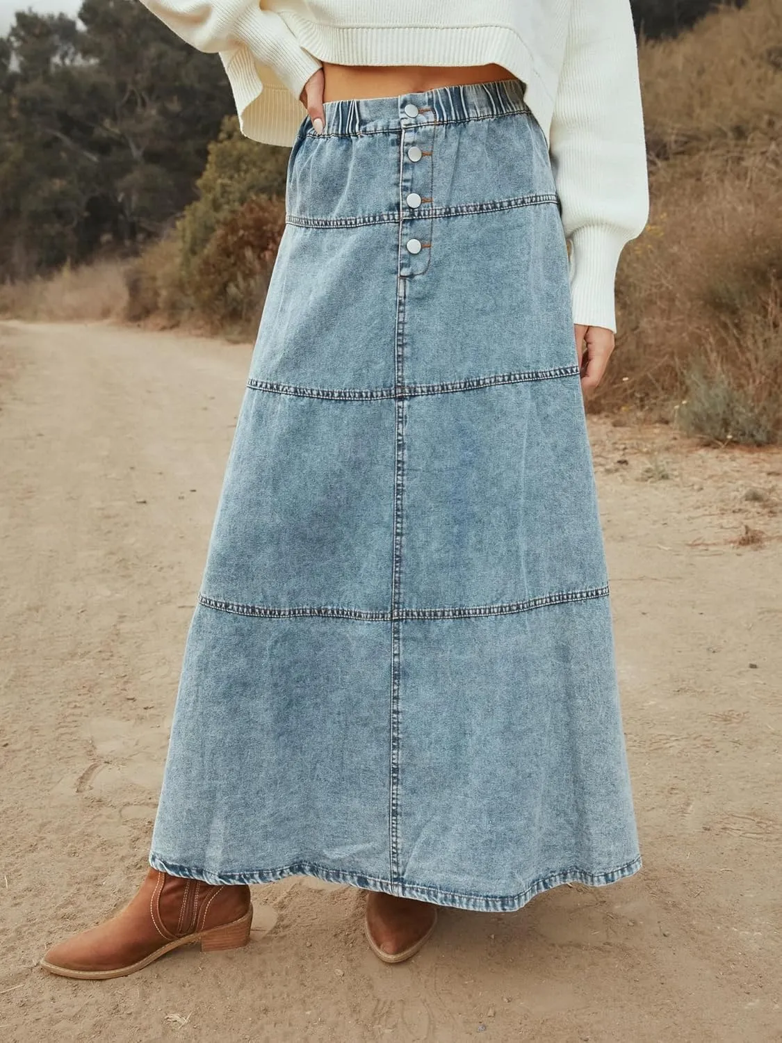 Women's Retro Long Denim Skirt a-Line Layered Splicing Hem Casual Elastic Waist Washed Denim Skirt