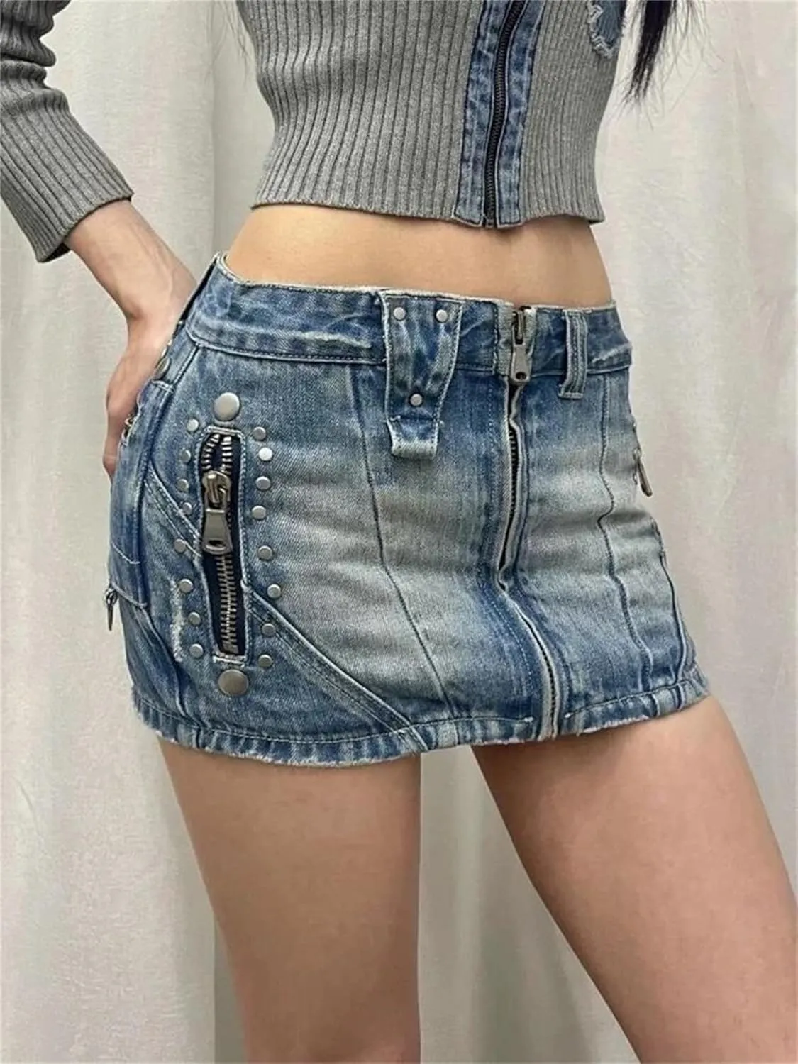 Women's Rivet Zipper Design Denim Mini Skirt Vintage Fashion Summer High Waist A-Line Shorts Skirts