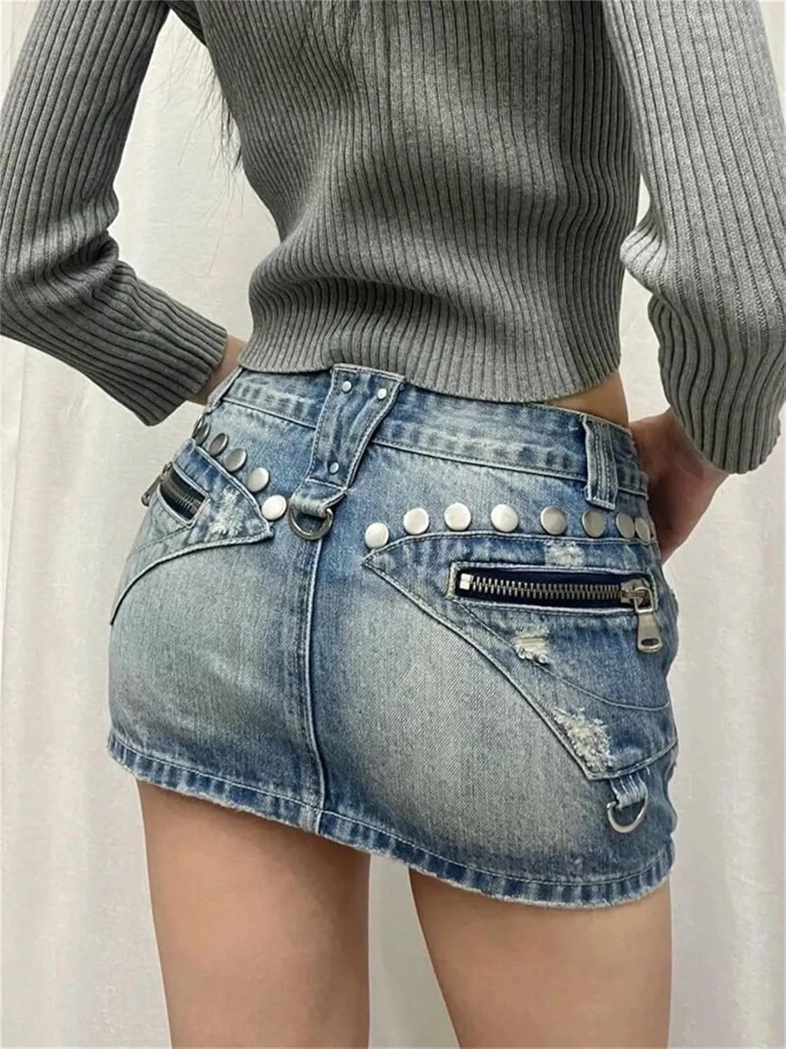Women's Rivet Zipper Design Denim Mini Skirt Vintage Fashion Summer High Waist A-Line Shorts Skirts