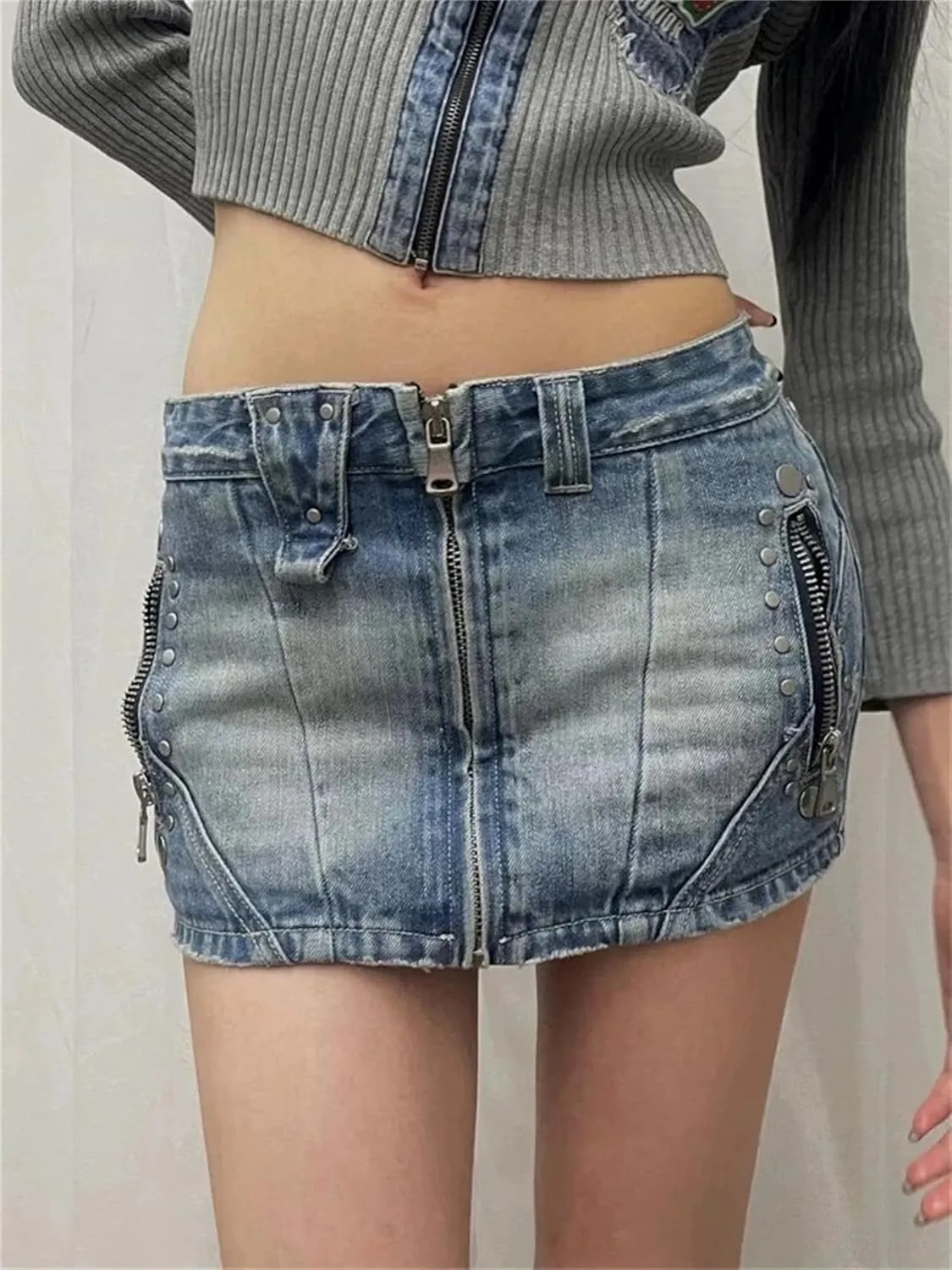 Women's Rivet Zipper Design Denim Mini Skirt Vintage Fashion Summer High Waist A-Line Shorts Skirts