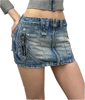 Women's Rivet Zipper Design Denim Mini Skirt Vintage Fashion Summer High Waist A-Line Shorts Skirts