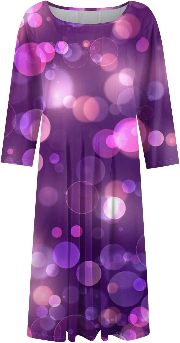 Womens Round Neck 3/4 Sleeves A-line Casual Tshirt Dress with Pocket Simple Elegant Midi Evening Dress