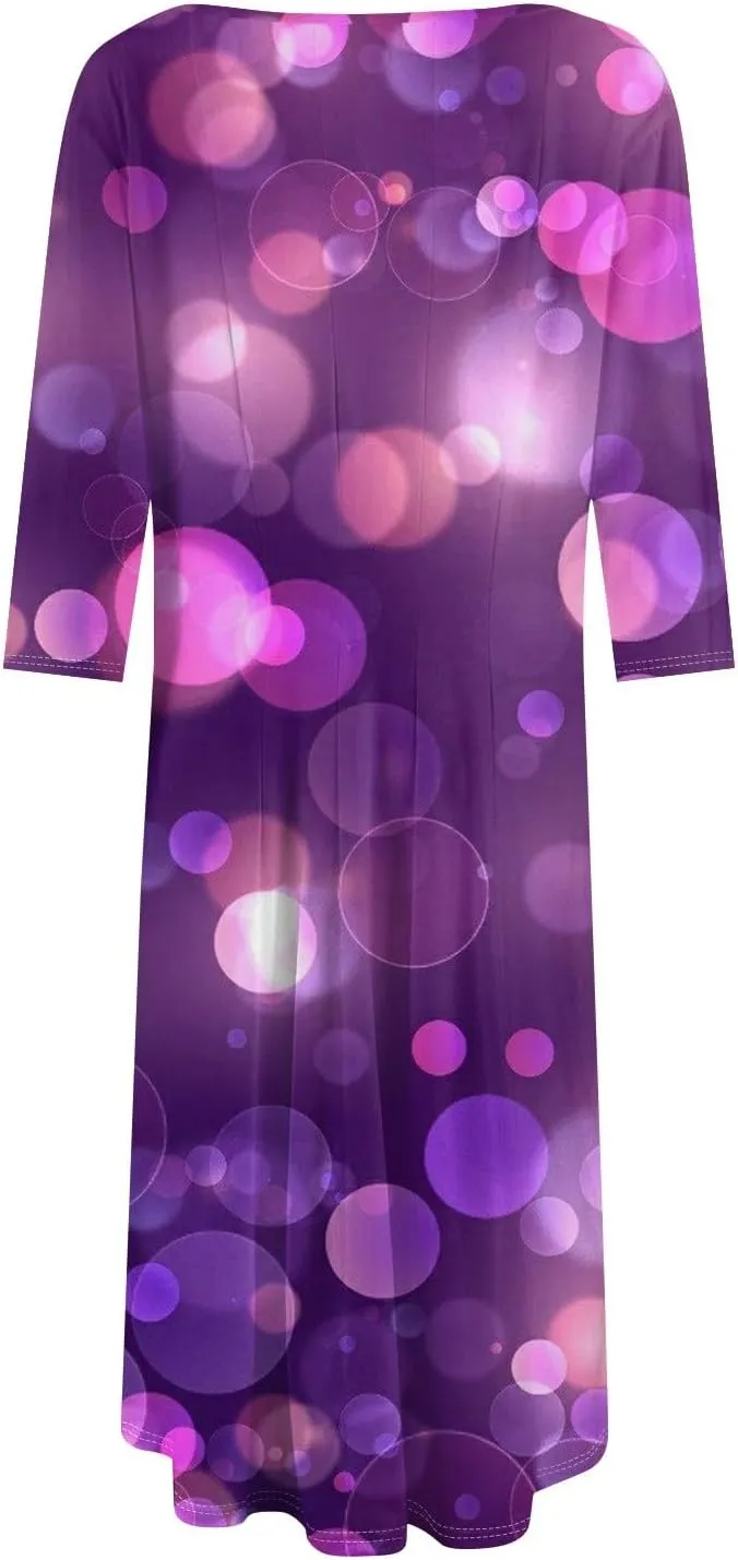 Womens Round Neck 3/4 Sleeves A-line Casual Tshirt Dress with Pocket Simple Elegant Midi Evening Dress