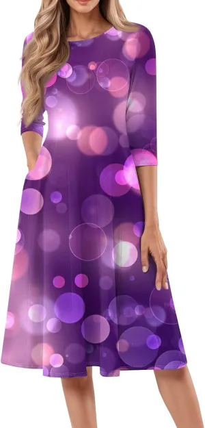 Womens Round Neck 3/4 Sleeves A-line Casual Tshirt Dress with Pocket Simple Elegant Midi Evening Dress