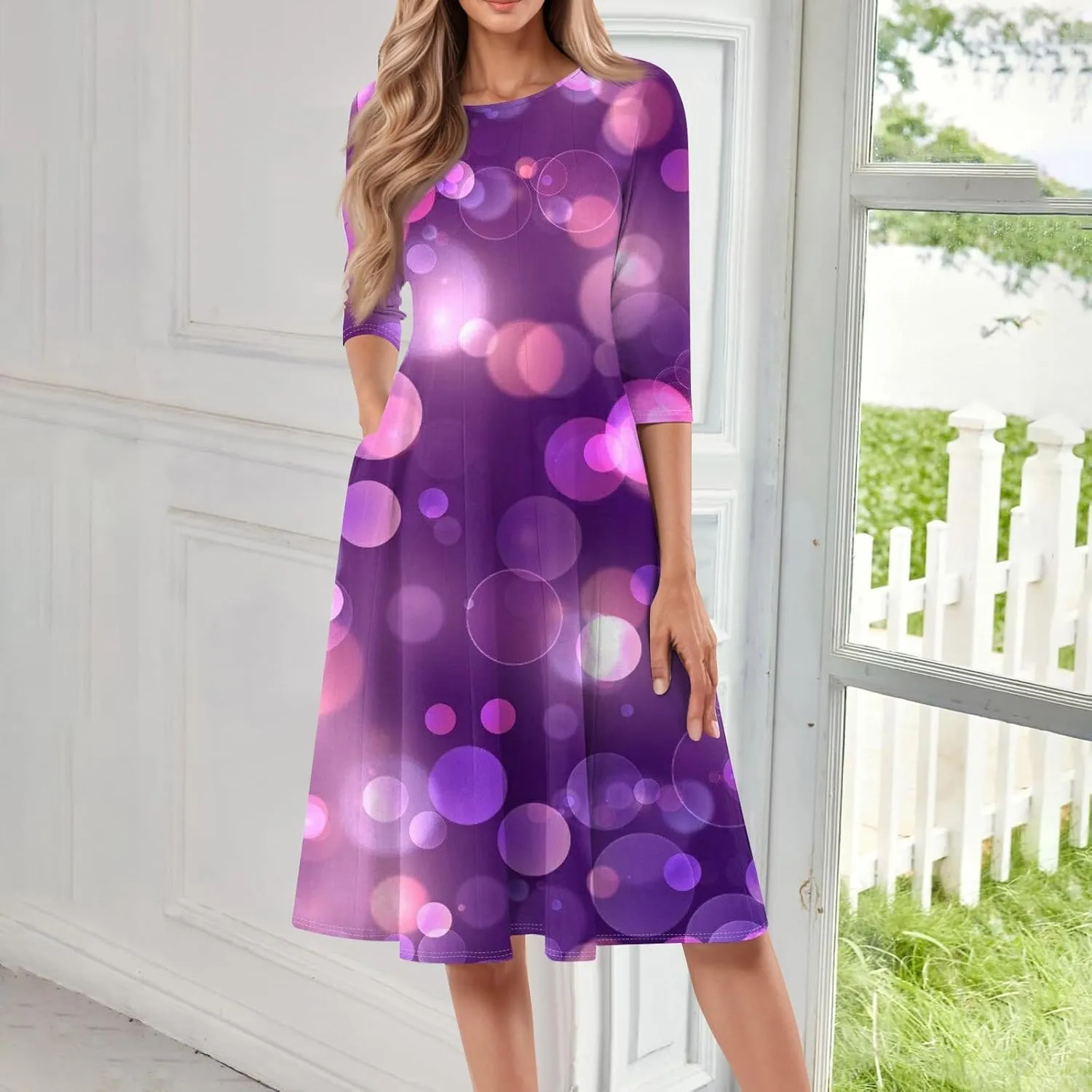 Womens Round Neck 3/4 Sleeves A-line Casual Tshirt Dress with Pocket Simple Elegant Midi Evening Dress