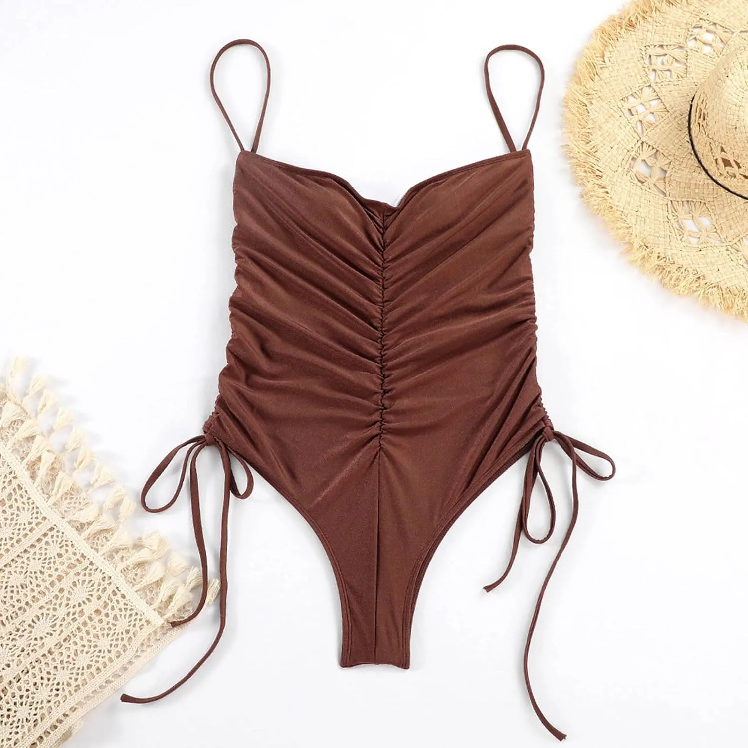Women's Ruched One Piece Swimsuit High Cut Tummy Control Bathing Suit Side Drawstring Swimwear Backless Beachwear