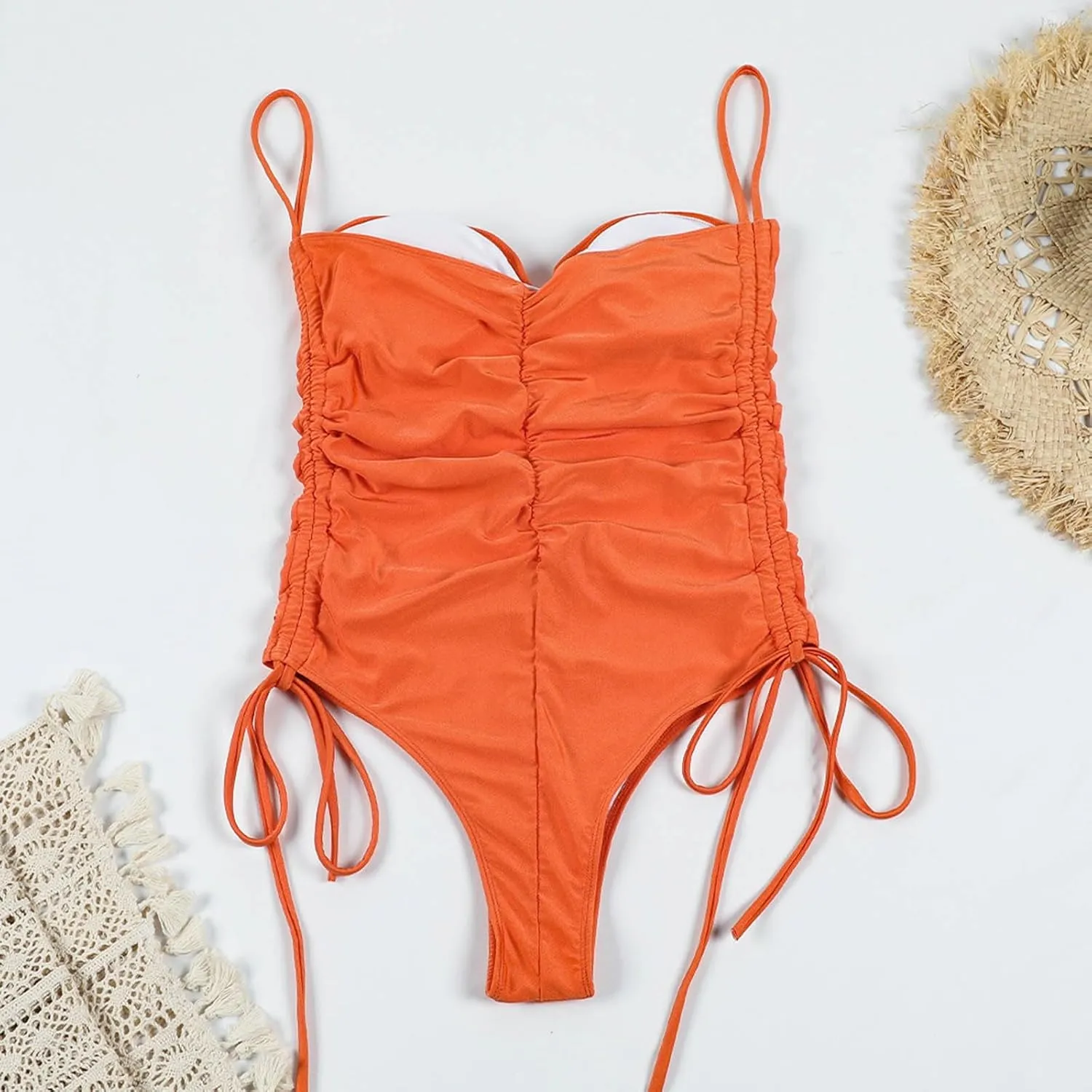 Women's Ruched One Piece Swimsuit High Cut Tummy Control Bathing Suit Side Drawstring Swimwear Backless Beachwear
