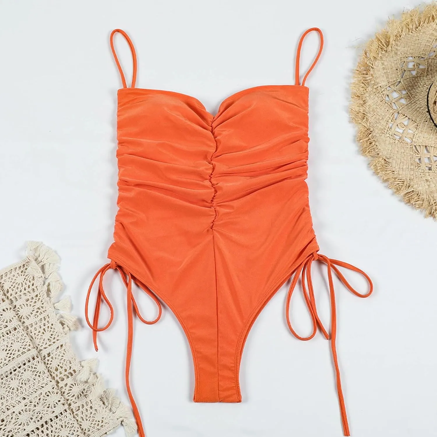 Women's Ruched One Piece Swimsuit High Cut Tummy Control Bathing Suit Side Drawstring Swimwear Backless Beachwear