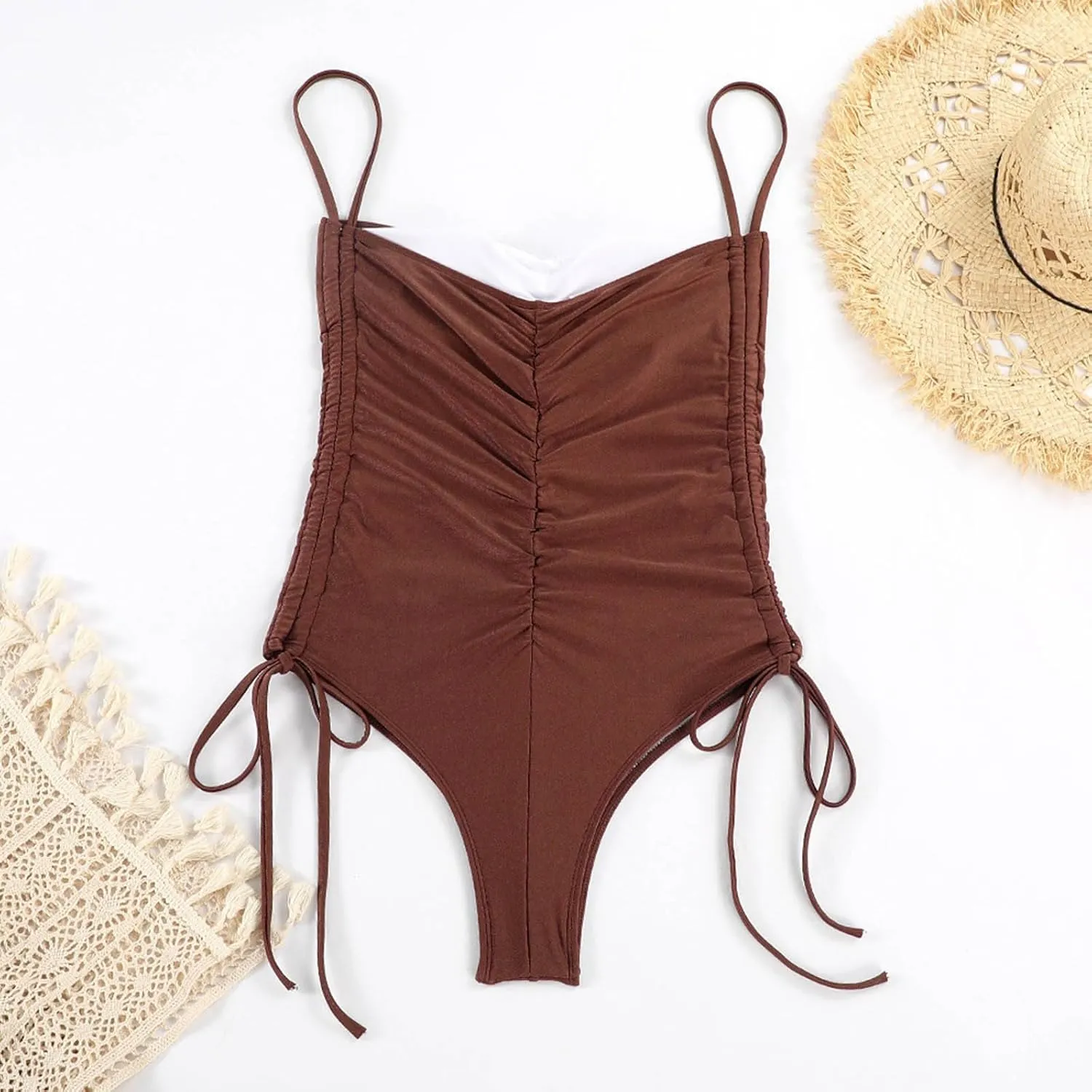 Women's Ruched One Piece Swimsuit High Cut Tummy Control Bathing Suit Side Drawstring Swimwear Backless Beachwear
