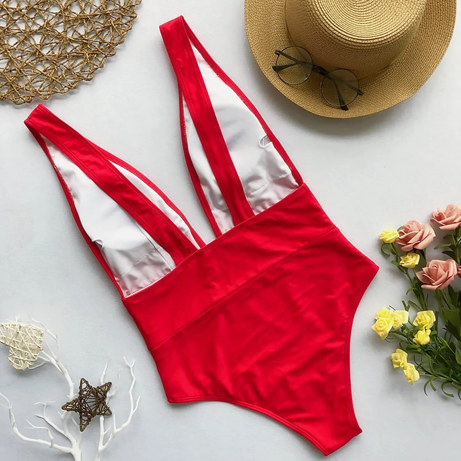 Women's Sexy Low Cut Swimsuit One Piece Tummy Control Bathing Suit High Cut Backless Swimwear Sleeveless Beachwear