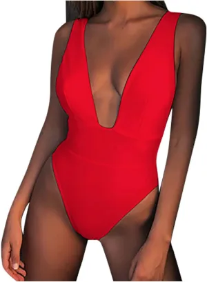 Women's Sexy Low Cut Swimsuit One Piece Tummy Control Bathing Suit High Cut Backless Swimwear Sleeveless Beachwear