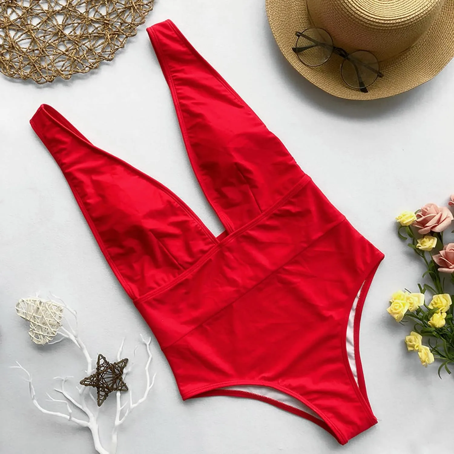 Women's Sexy Low Cut Swimsuit One Piece Tummy Control Bathing Suit High Cut Backless Swimwear Sleeveless Beachwear