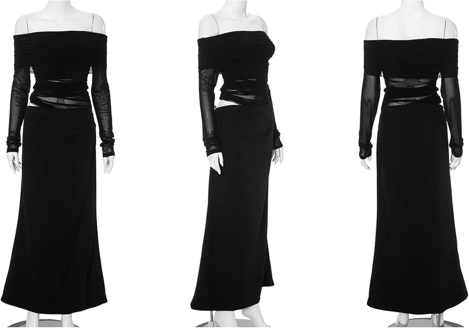 Women's Sexy Off The Shoulder Mesh Maxi Dress Long Sleeve See Through Ruched Party Club Bodycon Long Dresses