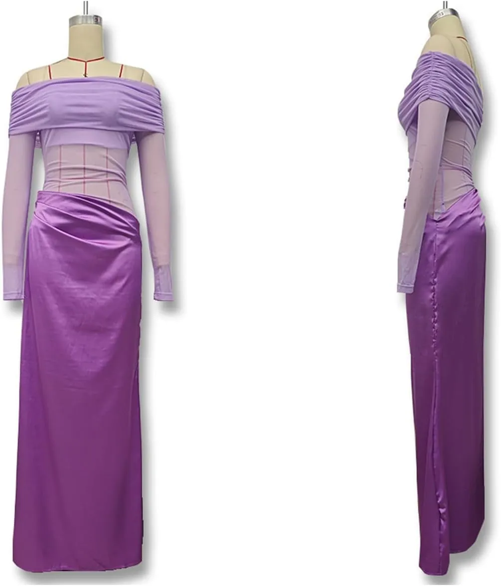 Women's Sexy Off The Shoulder Mesh Maxi Dress Long Sleeve See Through Ruched Party Club Bodycon Long Dresses