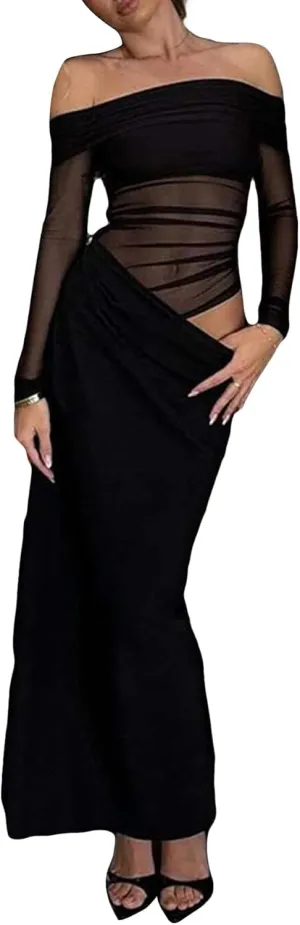 Women's Sexy Off The Shoulder Mesh Maxi Dress Long Sleeve See Through Ruched Party Club Bodycon Long Dresses