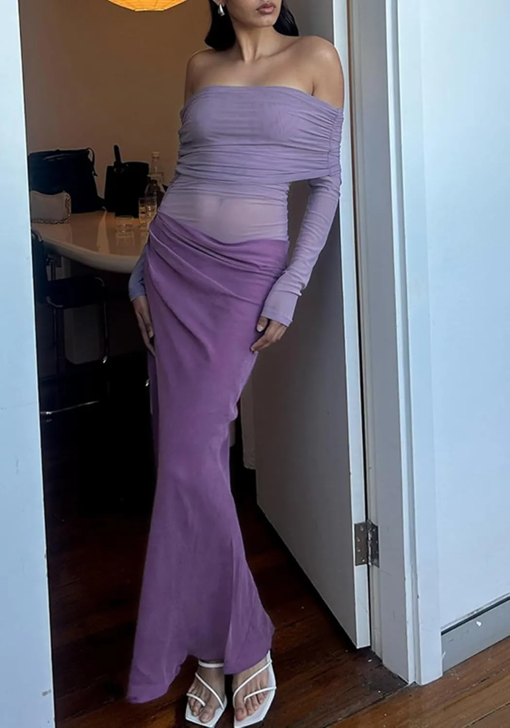 Women's Sexy Off The Shoulder Mesh Maxi Dress Long Sleeve See Through Ruched Party Club Bodycon Long Dresses