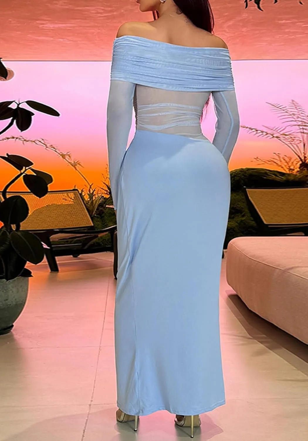 Women's Sexy Off The Shoulder Mesh Maxi Dress Long Sleeve See Through Ruched Party Club Bodycon Long Dresses
