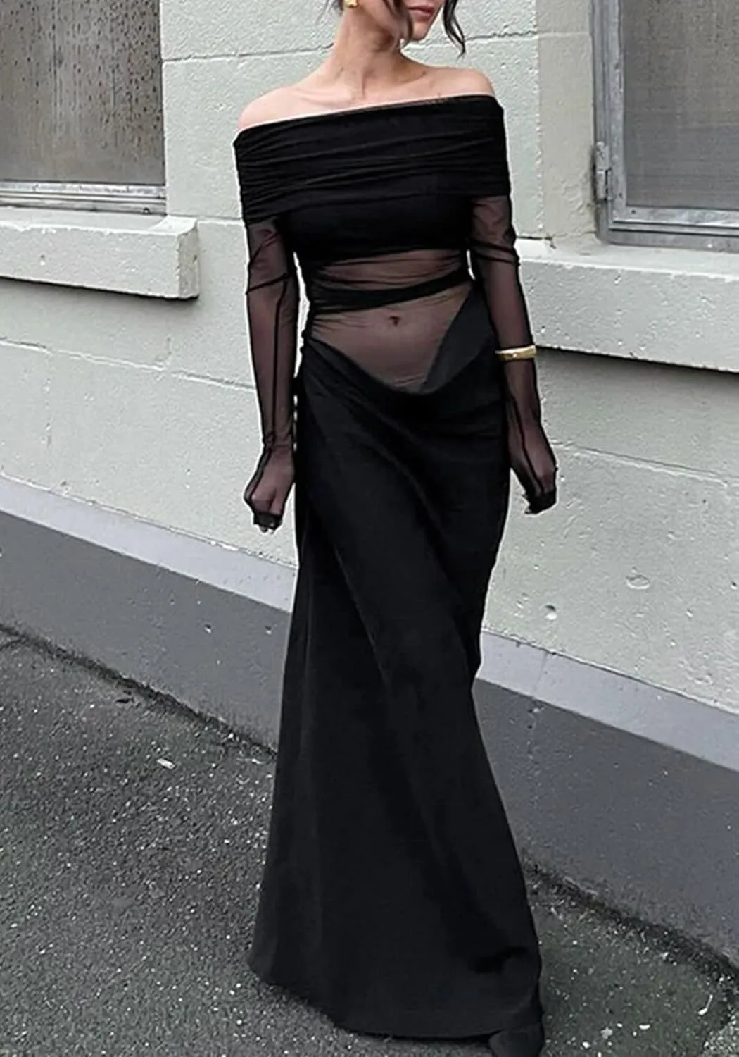 Women's Sexy Off The Shoulder Mesh Maxi Dress Long Sleeve See Through Ruched Party Club Bodycon Long Dresses