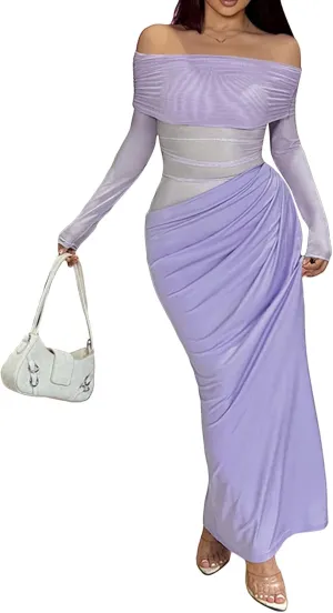 Women's Sexy Off The Shoulder Mesh Maxi Dress Long Sleeve See Through Ruched Party Club Bodycon Long Dresses
