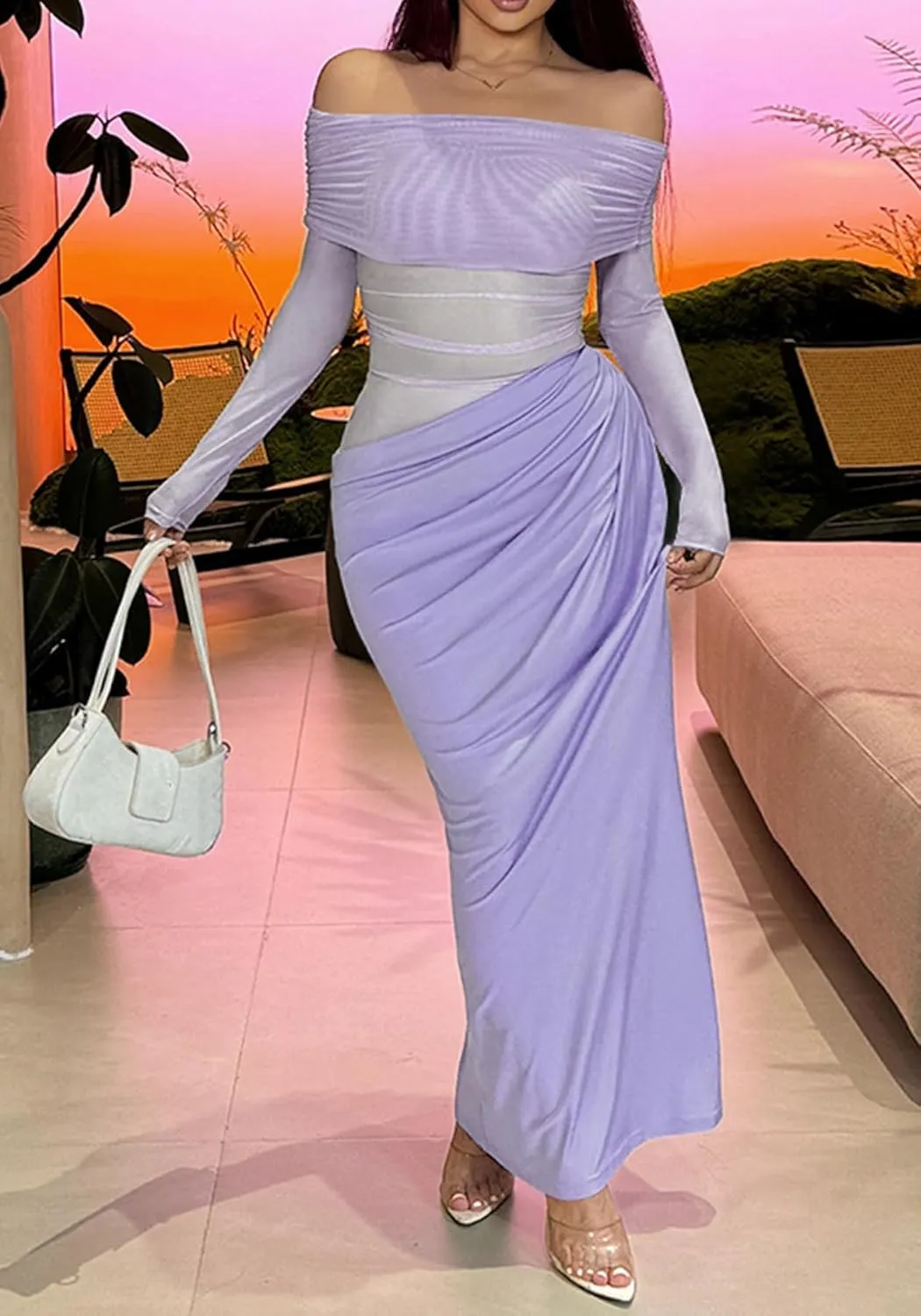 Women's Sexy Off The Shoulder Mesh Maxi Dress Long Sleeve See Through Ruched Party Club Bodycon Long Dresses
