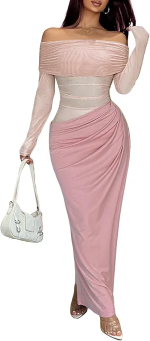 Women's Sexy Off The Shoulder Mesh Maxi Dress Long Sleeve See Through Ruched Party Club Bodycon Long Dresses