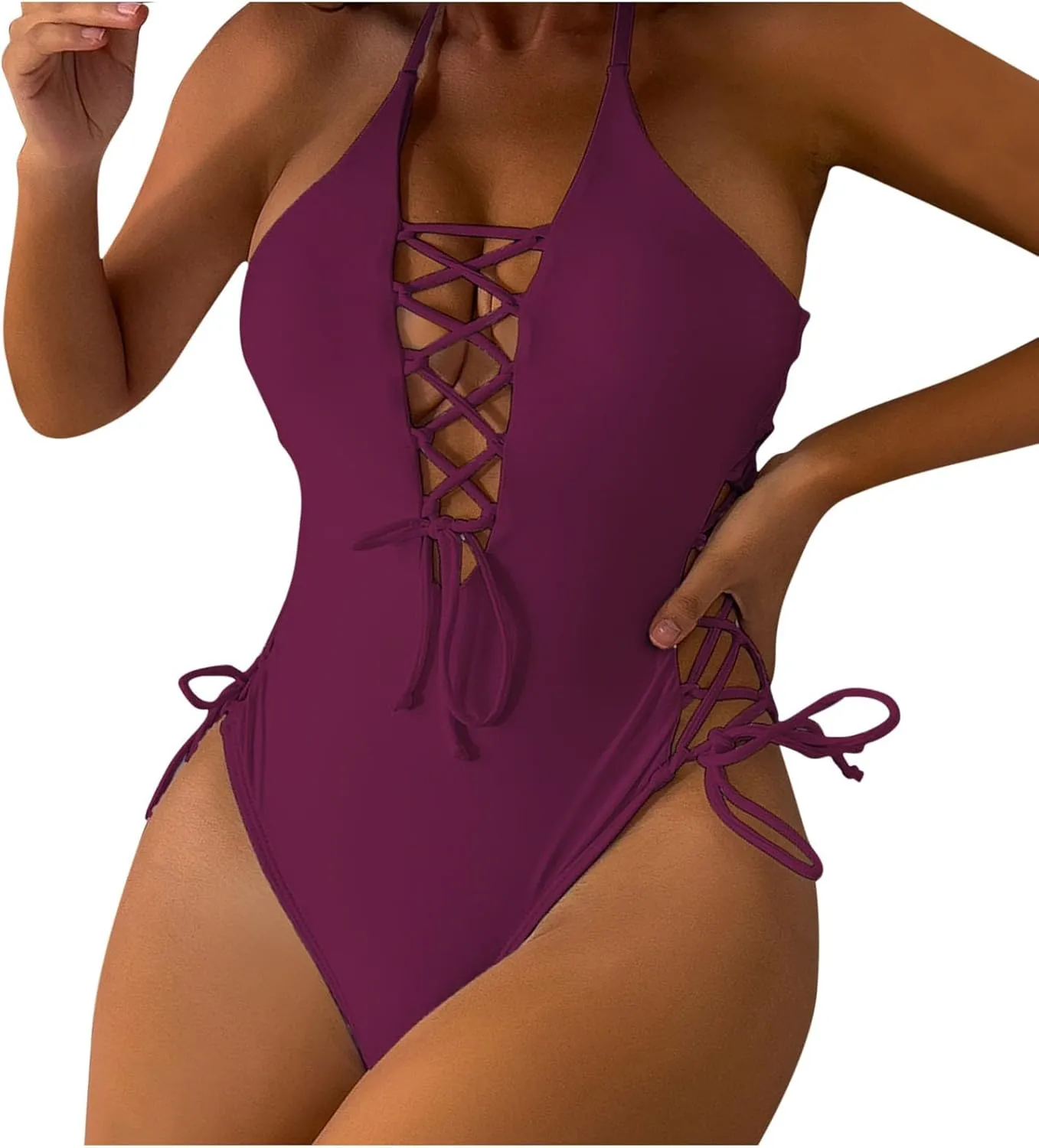 Women's Sexy One Piece Backless Swimsuits Sexy Deep V Neck Laced Up Adjustable Bathing Suits