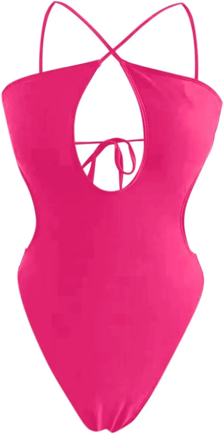 Women's Sexy One Piece Swimsuit Criss Cross Halter Bathing Suit Plunge Neck Cut Out Backless Thong Swimwear