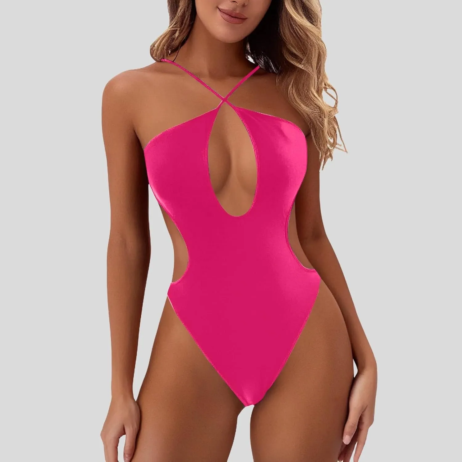 Women's Sexy One Piece Swimsuit Criss Cross Halter Bathing Suit Plunge Neck Cut Out Backless Thong Swimwear