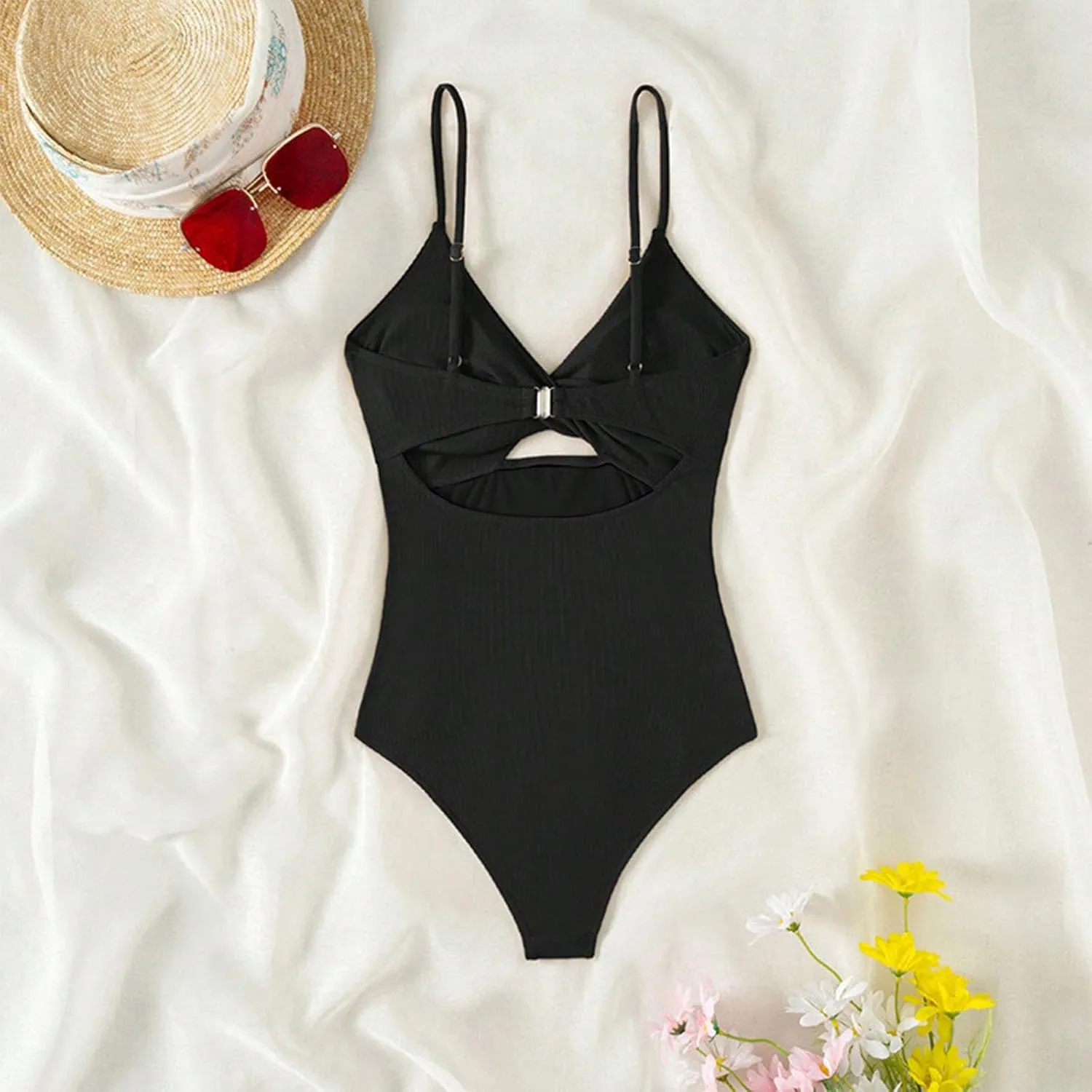 Womens Sexy One Piece Swimsuit Cut Out Spaghetti Strap Keyhole Bathing Suit Slimming Tummy Control Backless Swimwear
