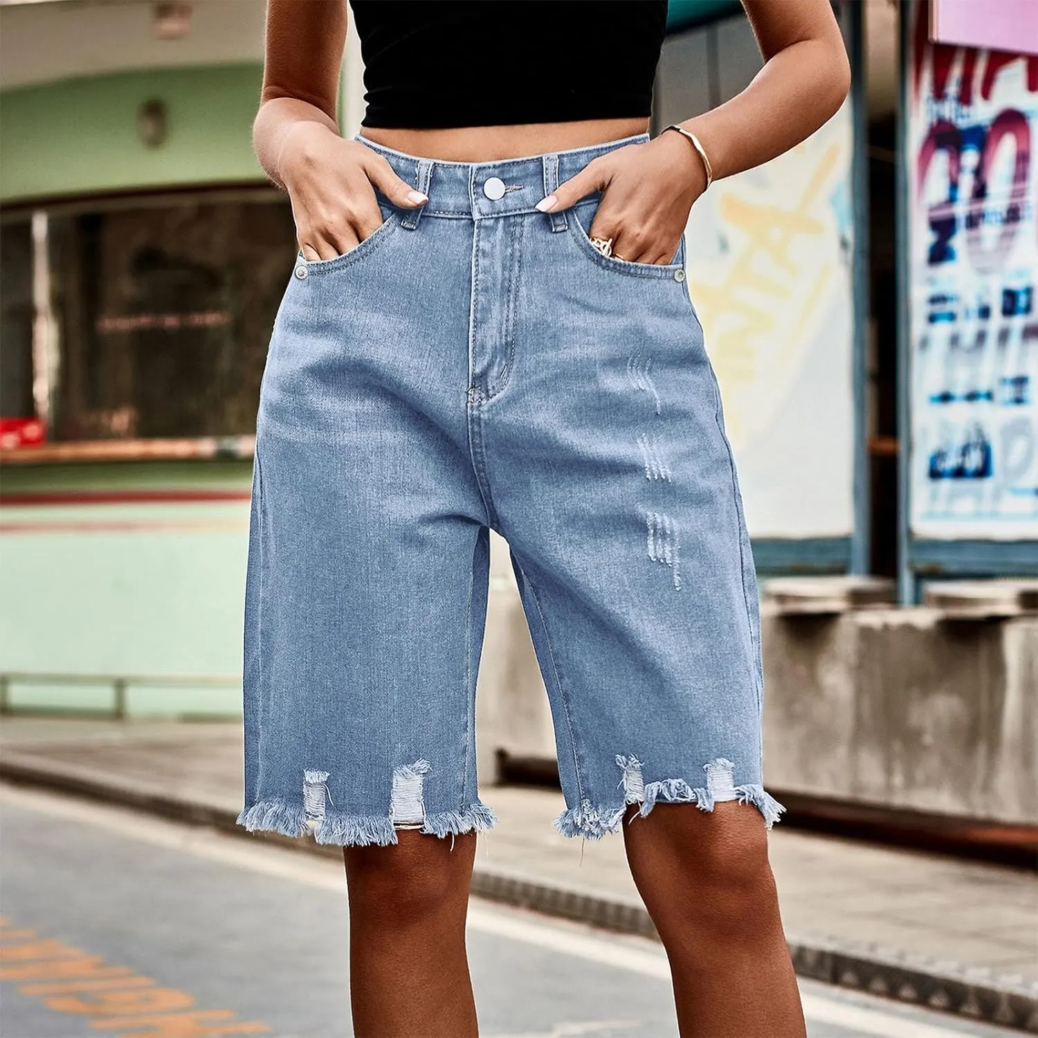 Womens Short Jeans Fashion Fringe Ripped High Waisted Button Knee Length Lounge Casual Denim Shorts with Pockets