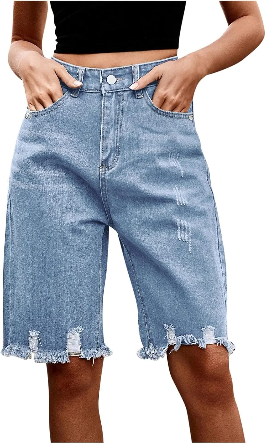 Womens Short Jeans Fashion Fringe Ripped High Waisted Button Knee Length Lounge Casual Denim Shorts with Pockets